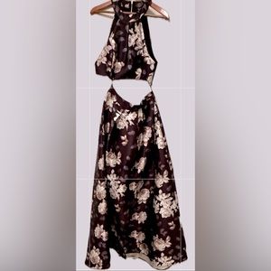 2 Piece Brown Flora Nylon Halter Cropped Top And Slit Maxi-Skirt